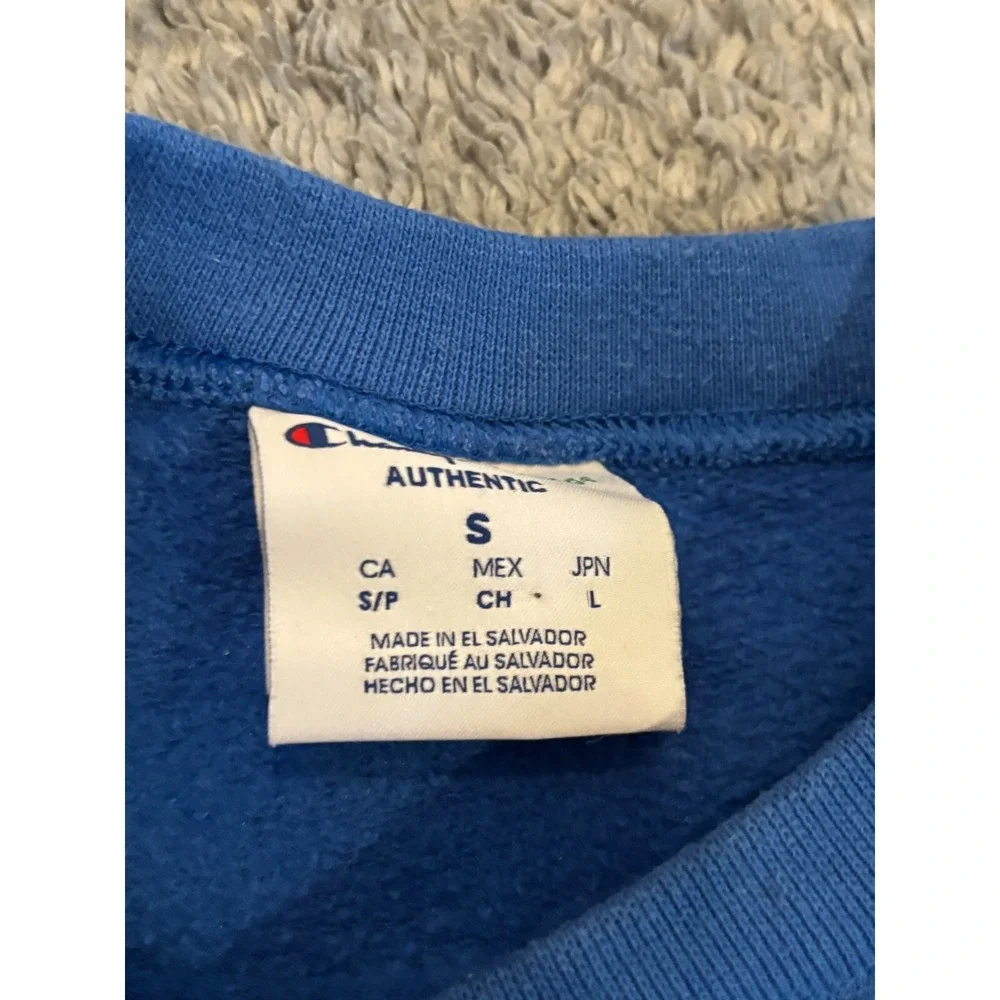 Champion Pullover Sweatshirt Script Logo Navy Blue Crewneck Mens Small Eco